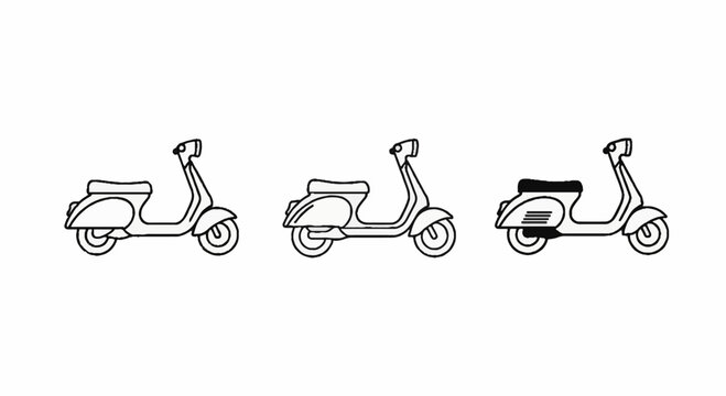 Three classic black and white scooter illustrations side by side.