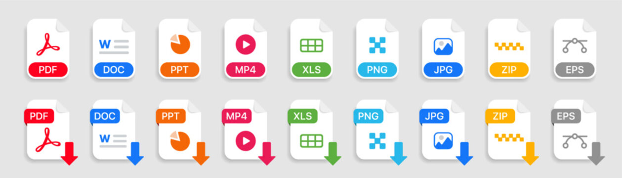 Colorful document file format icon set with PDF. DOC. PPT. MP4. XLS. PNG. JPG. ZIP and EPS download symbols for web. app. office. archive and digital file management design