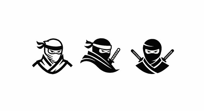 Three black and white ninja warrior icons set.