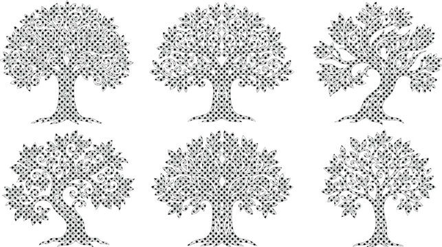 Stylized pixel art tree collection, a set of six unique black and white pixelated trees, digital embroidery style nature graphics for game design and creative projects isolated on White
