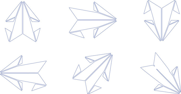 Geometric origami paper airplane vector set, abstract folded paper craft design elements, modern minimalist line art illustration for creative projects isolated on White Background