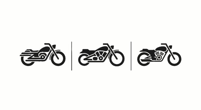 Three stylized black and white motorcycle icons set.
