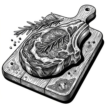 Beef steak garnished with rosemary sprigs and seasoning, featuring detailed butcher-style elements in a black-and-white sketch engraving vector illustration created with generative AI. Scratchboard im