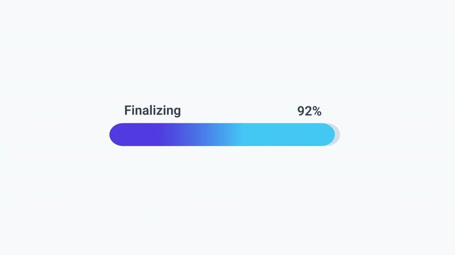 Animated progress bar displaying finalizing status and completion percentage on a minimal interface. Ideal for software installation, task completion, data processing, workflow execution, and technolo