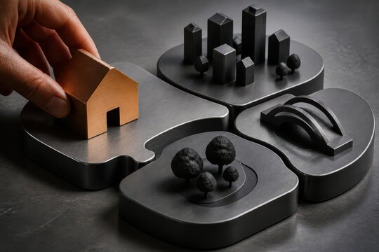 Miniature house on a puzzle platform with hand placing gold model in dark modern concept scene
