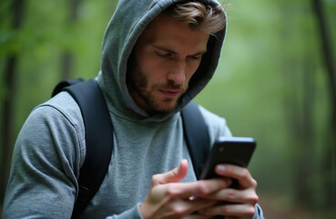 Fototapeta premium Man in hoodie uses smartphone with earbuds during forest workout. He holds device, browses app, listens music, texts messages. Fitness tracker syncs.