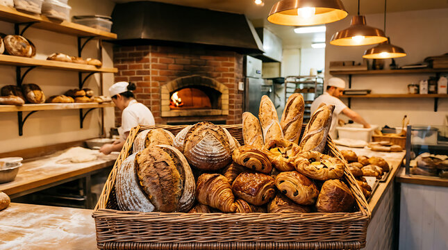 Artisanal breads in a wicker basket on a bakery counter with chefs