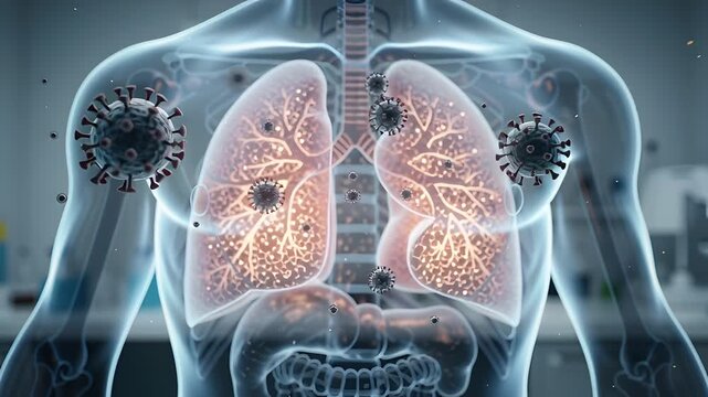 Advanced medical animation illustration of hantavirus entering pulmonary lungs inside futuristic laboratory with scientific infection concept