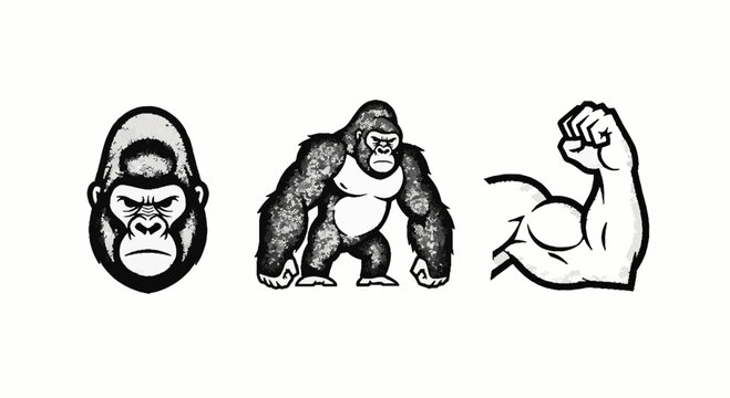 Illustrated gorilla head and muscular arm poses.