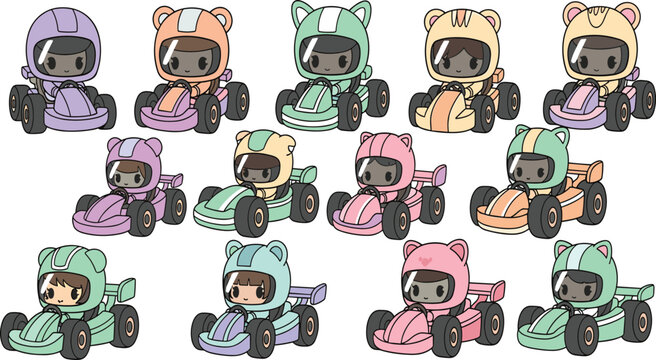 Cute chibi animal go kart racing cartoon character set with funny pastel colored bear cat ears helmet drivers in fast vehicles vector illustration