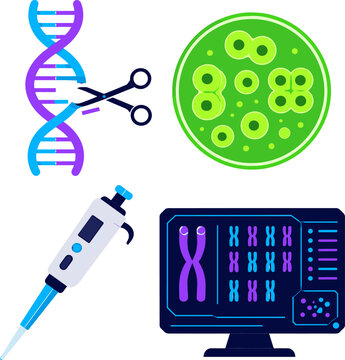 Genetic Engineering and Biotechnology Vector Icon Set with DNA Editing, Cell Division, Pipette, and Chromosome Analysis Icons for Scientific Research Designs