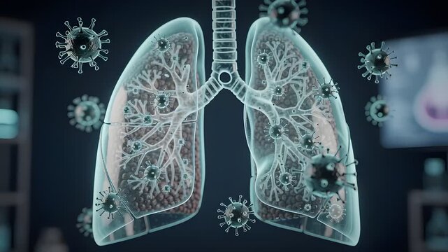 Healthcare animation showing hantavirus entering human respiratory lungs in scientific laboratory environment with infection detail