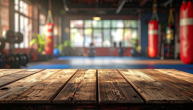 An empty wooden counter, with a blurry Muay Thai gym in the background.