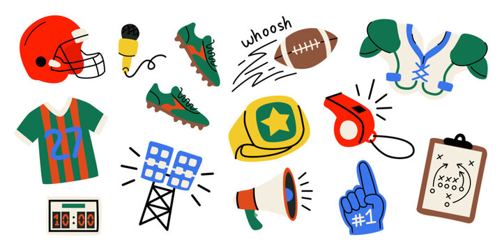 A vector set of American football elements in doodle style. Sports equipment, a rugby player, a ball, a helmet, cleats, a megaphone, a microphone, and a whistle are included for sports-themed designs.