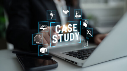 Business Professional Engaging in Real-Time Case Study Research with Innovative Digital Icons...