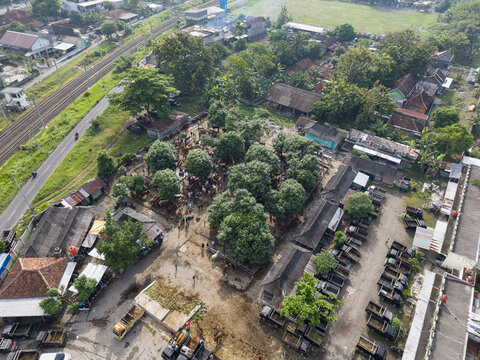 Aerial view of the bustling Animal Market Prambanan with people, trucks, and lush trees near a railway line in Kecamatan Prambanan, Jawa Tengah, Indonesia.