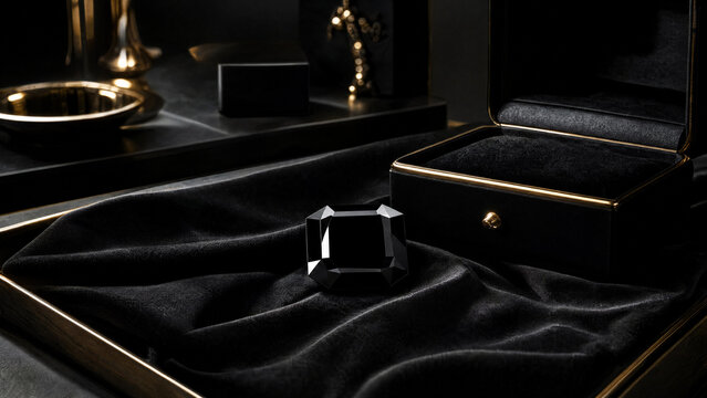 Luxury emerald cut black gemstone on black velvet with jewelry box