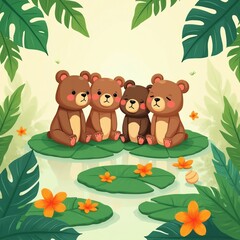 Fototapeta premium Four cute cartoon bears sit on lily pads in a pond surrounded by rich green leaves and orange flowers. A gentle nature scene for children or storybooks. Peaceful woodland animals.