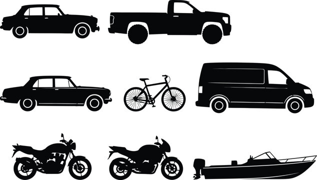 Black silhouettes of various vehicles and a bicycle