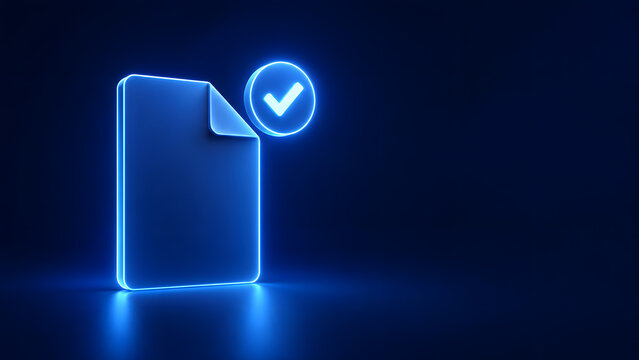 Neon Document Review Check Icon on Dark Background
