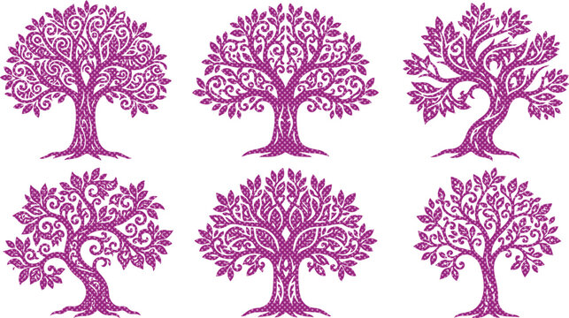 Ornate purple tree vector set, decorative tree of life illustrations, elegant floral tree designs, intricate nature graphics for branding and decor isolated on White Background