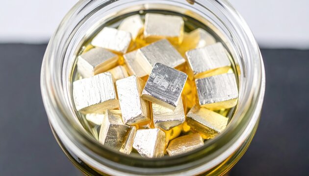 Small silvery potassium cubes stored under paraffin oil in a clear glass container
