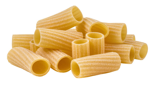 Pile of dry rigatoni pasta tubes with ridged texture, isolated on transparent background