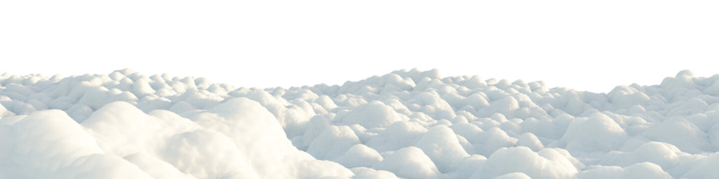 Snowy mountain terrain with rolling snow dunes isolated on transparent background for environment design asset. 3D rendering.