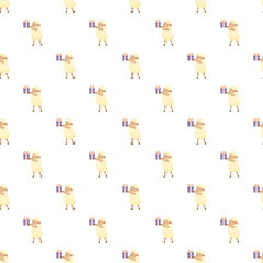 Fototapeta premium Repeating sheep characters holding presents on a white background