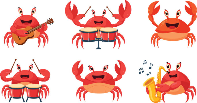 Cute musician crab cartoon character set with funny marine mascots playing guitar drums saxophone and singing notes for tropical beach festival music vector illustration