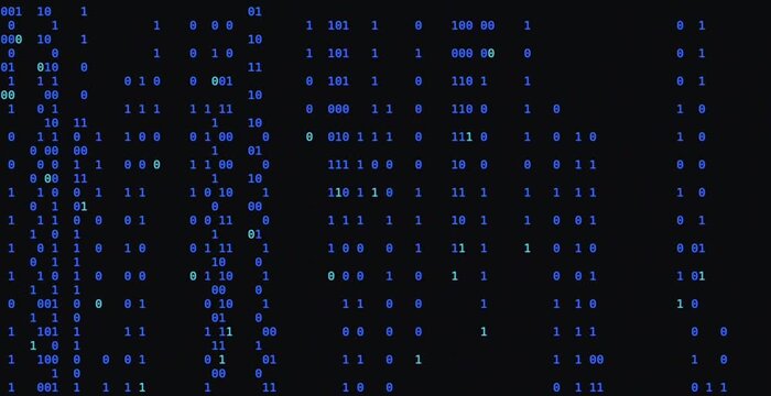 Rain drops binary code floating on the screen continuity of ones and zeros in a glowing computer matrix screen with circular diode animation