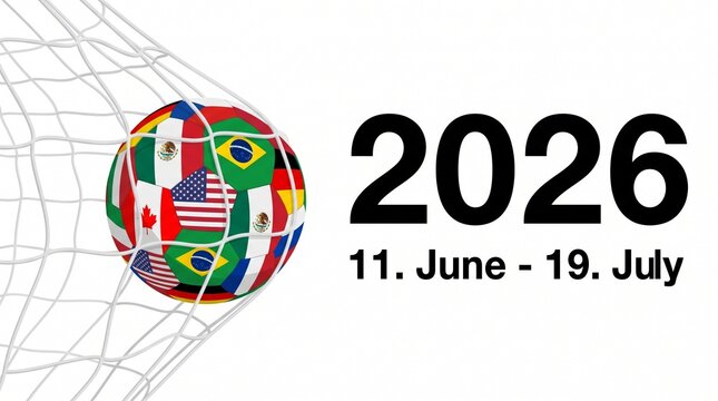 Soccer ball with world flags hitting the net with 2026 championship tournament dates, global football tournament concept