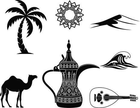 Black silhouettes of middle eastern and beach icons