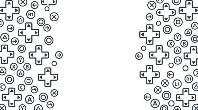 Seamless pattern of gaming controller buttons and directional pads in black and white.