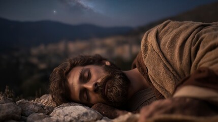 Obraz premium Solomon sleeps beside the altar under the night sky, showing how a humble heart seeking God can receive wisdom greater than wealth or power 