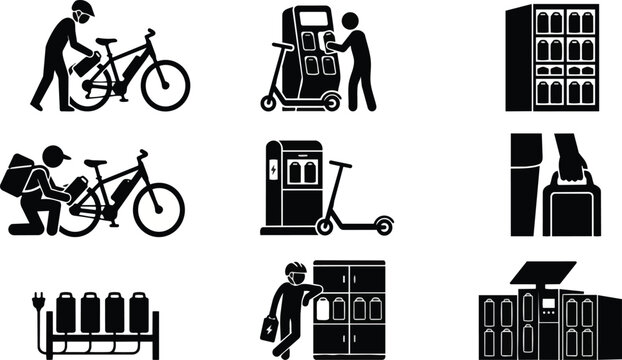Set of black and white vector icons showing people charging electric bicycle and scooter batteries at various stations and storage cabinets for energy management systems presented on transparent backg