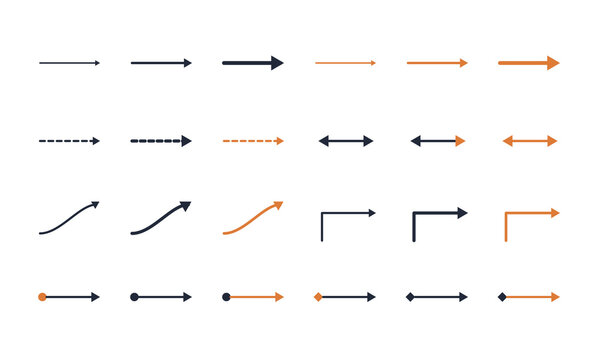 Arrow connector kit vector set straight curved dashed double-headed labeled arrows editable