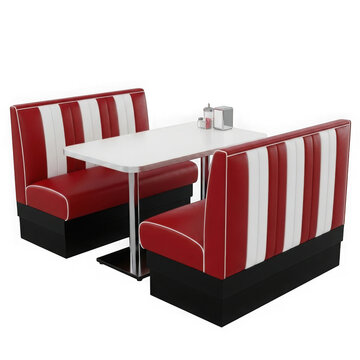 Red and white booth seating with table