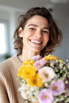 Woman with dark brown hairsmiles while holding a bouquet of colorful flowers at home on a sunny day