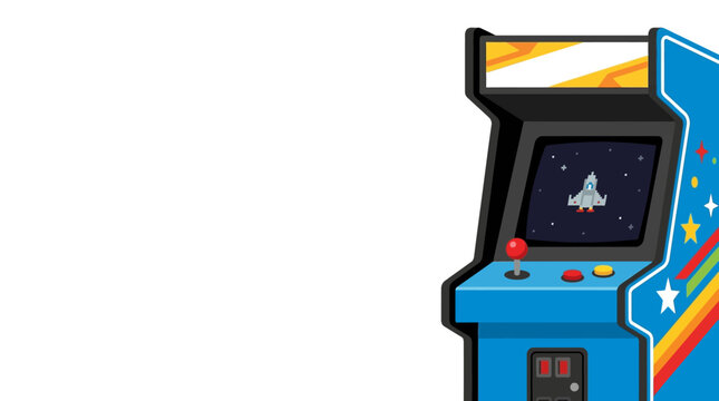 Retro arcade video game machine with space shooter screen.