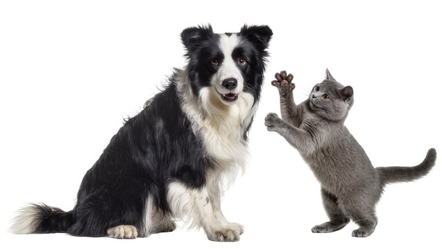 Playful grey kitten batting at a sitting border collie dog, isolated on transparent background