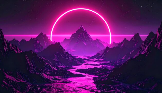 Vaporwave mountain landscape with neon ring over a glowing stream