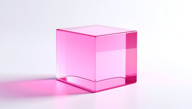 Transparent, pink cube with shadow sits on white