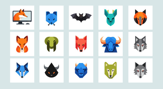 Set of stylized animal avatars, geometric icons, fox, wolf, bat, buffalo, ram