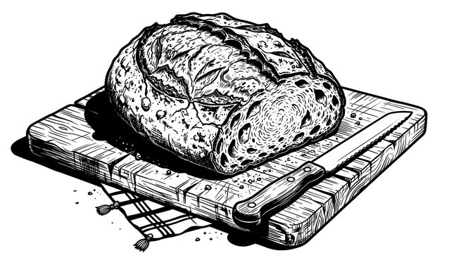 Rustic crusty bread on a wooden cutting board with a knife and scattered crumbs, black-and-white sketch engraving style vector illustration created with generative AI. Scratchboard imitation.