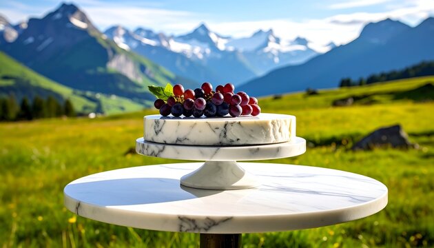 Marble cake topped with grapes against an alpine meadow landscape