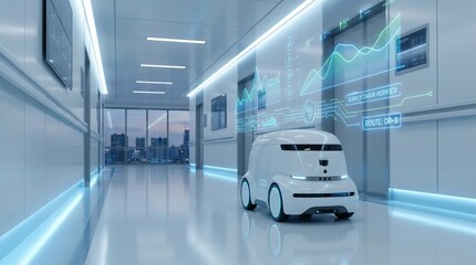 Obraz premium Small Autonomous Robot Moving Through Futuristic Corridor with Holographic Displays