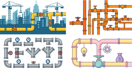 Obraz premium Industrial Pipeline Systems and Utility Infrastructure Illustration Featuring Valves, Pipes, Construction, and Engineering Networks