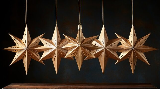 Five light brown paper stars hang from strings against a dark background