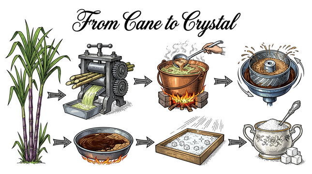 Traditional Sugar Production Process from Sugarcane to Refined Crystals, Vintage Engraving Vector Illustration Infographic